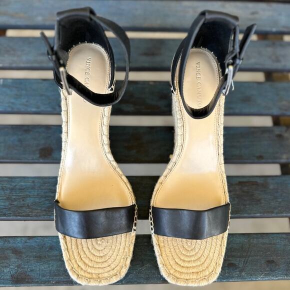 Vince Camuto Meddrina Black Leather Espadrille Wedge Sandals Women’s 11 Padded - Picture 3 of 9